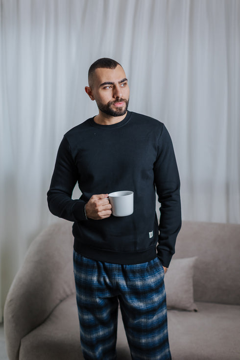 Men Winter Pajama Set Black T-shirt + Grey x Off-white Checkered Pants